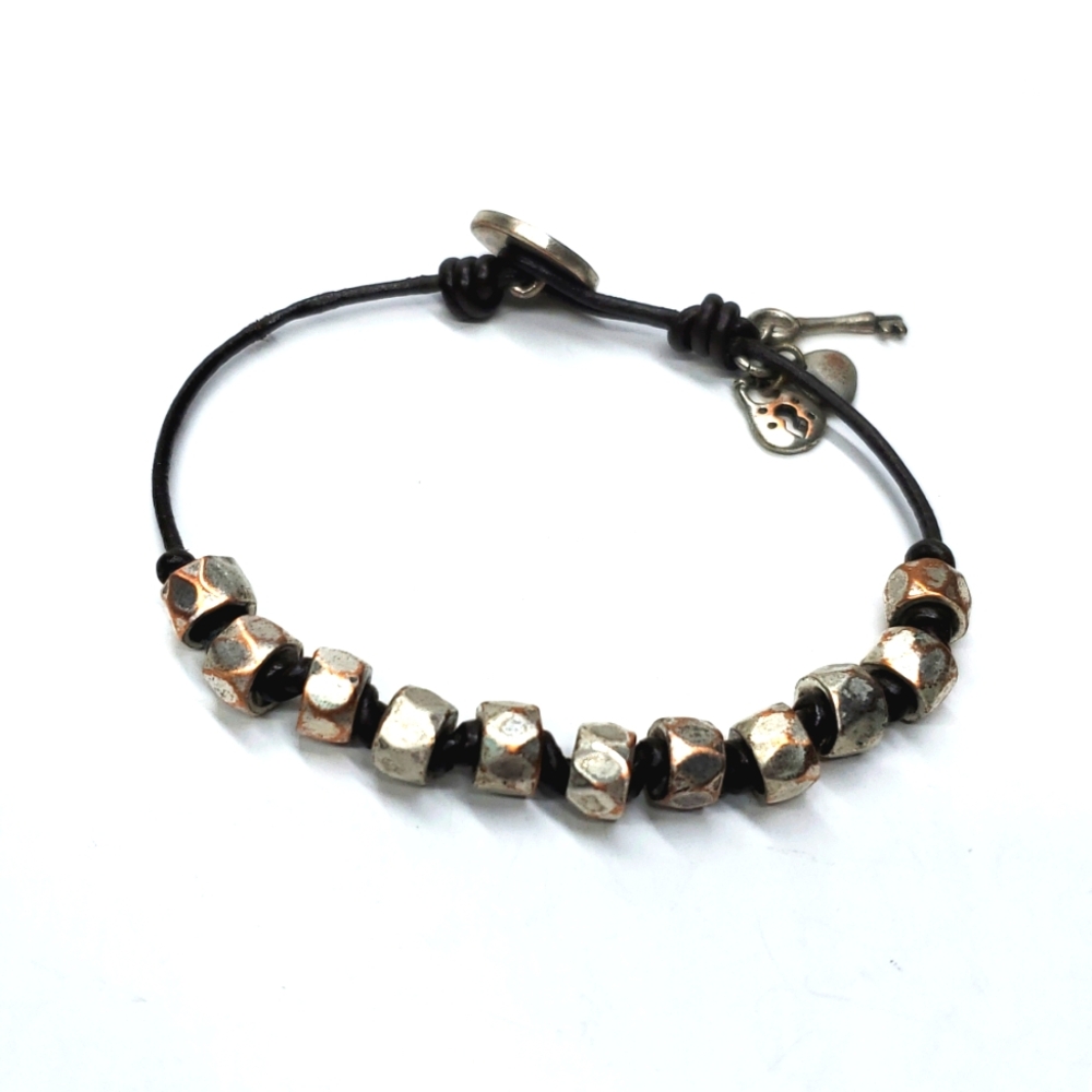 Fossil Brown Leather Cord and Silver Toned Beaded Bracelet - Picture 4 of 8